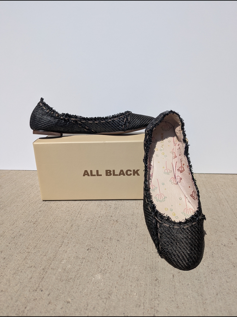 All Black "Get Stitched" Black Woven Raw Edge Flats